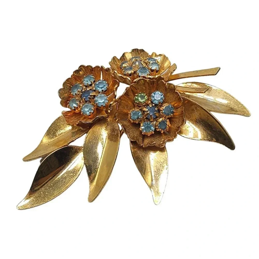 Blue Rhinestone Flower Leaf Branch Brooch Pin Gold Tone Vintage 1940s